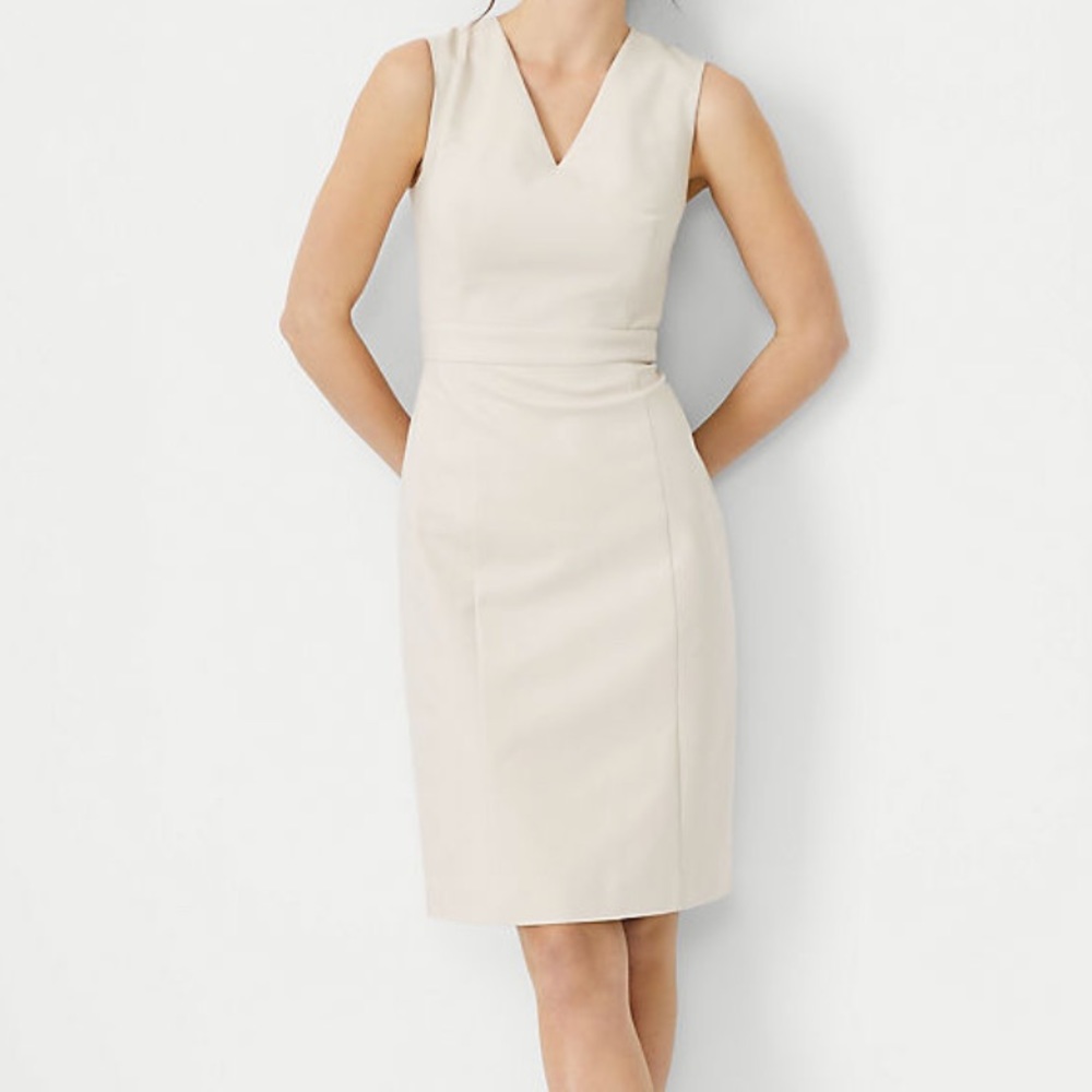 Seamed V-Neck Sheath Dress in Stretch Cotton- Ivory Porcelain Work Dress